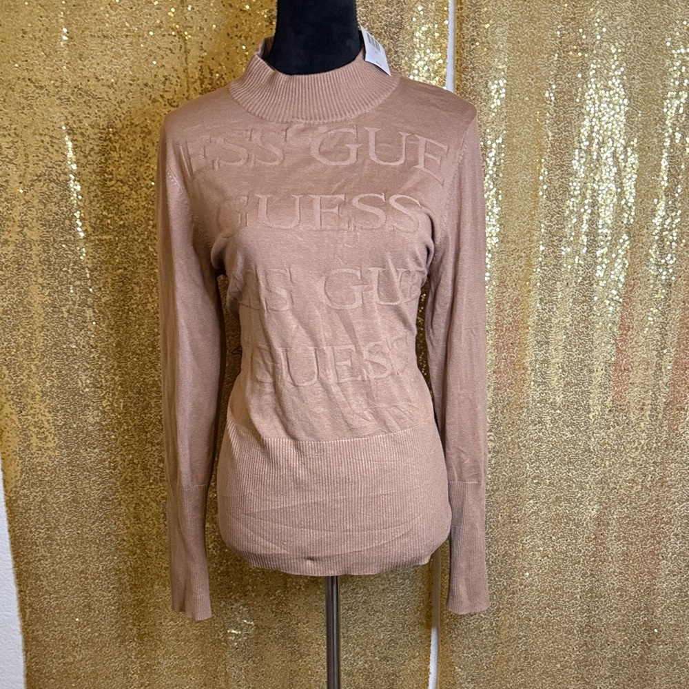 GUESS Long Sleeve, High neck. Ribbed Tan Embossed Logo top